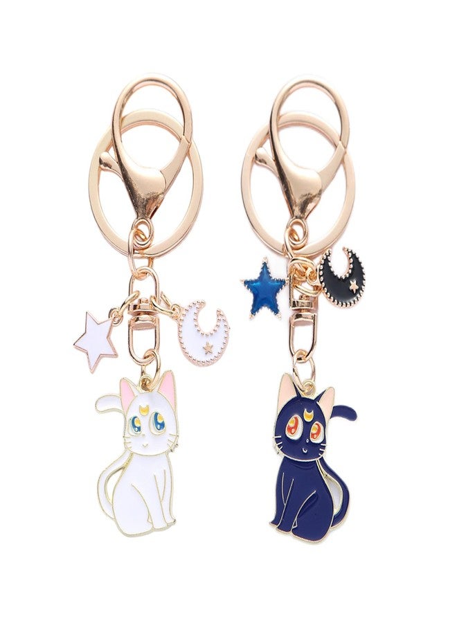 POYAMUSE Enamel Cat Charms Keyring - Adorable Black and White Cat Keychain for Anime Fans-star moon - Image 1